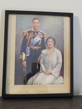 1937 Framed Royal Portrait Print - Lithograph King George VI and Queen Eliabeth